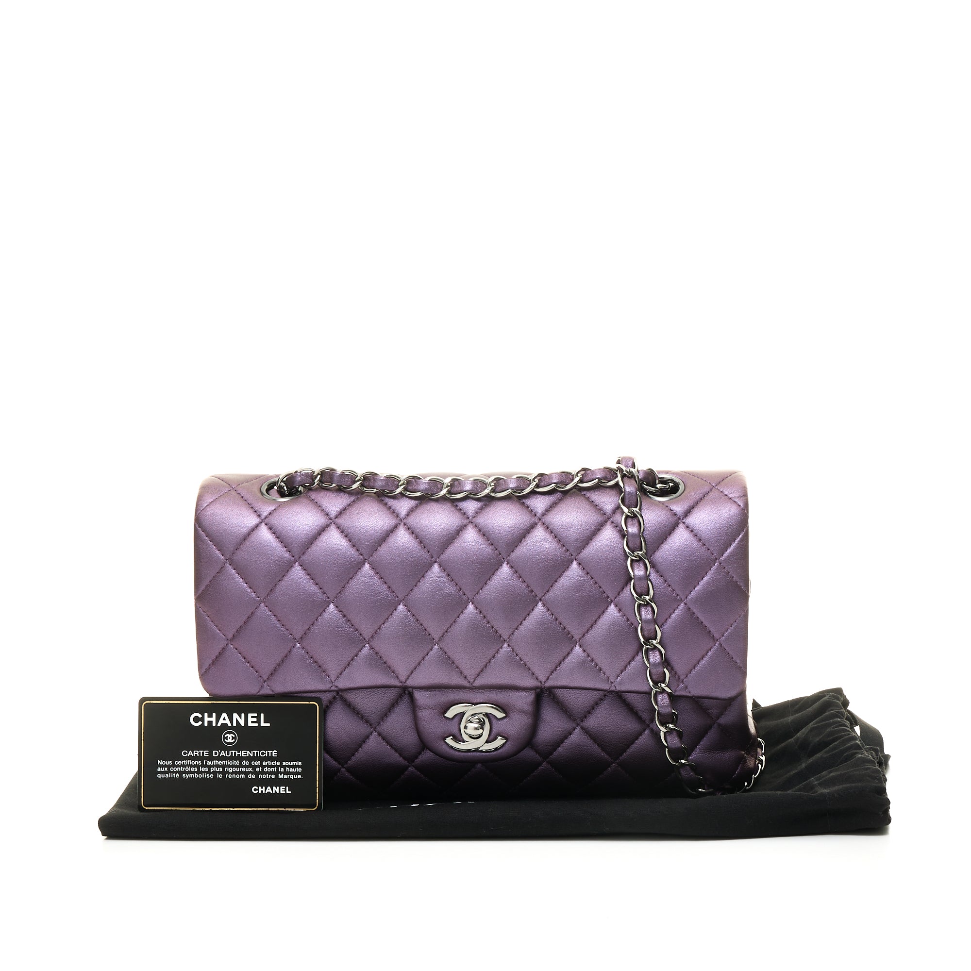 Classic Double Flap Mediun Purple Shoulder Bag in Lambskin, Silver hardware