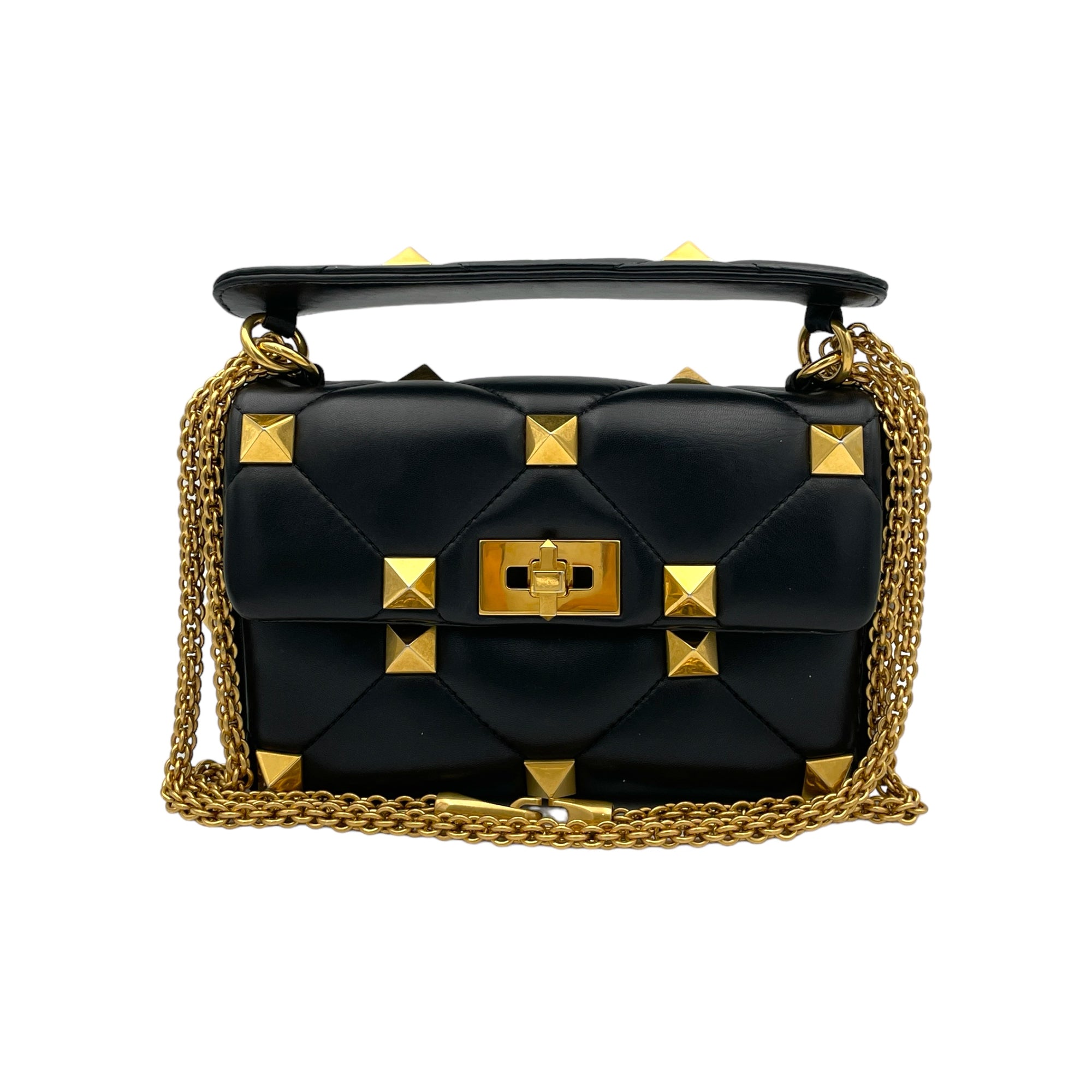 Roman Stud Medium Black Crossbody Bag in Lambskin, Gold hardware