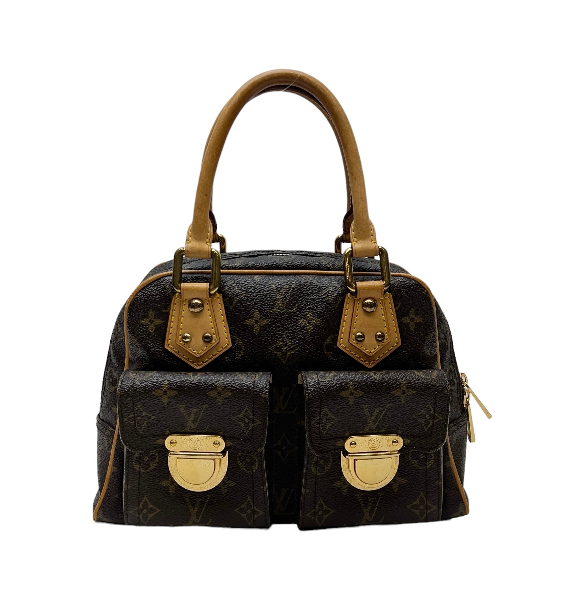 Manhattan PM Brown Top Handle Bag in Monogram Coated Canvas, Gold hardware