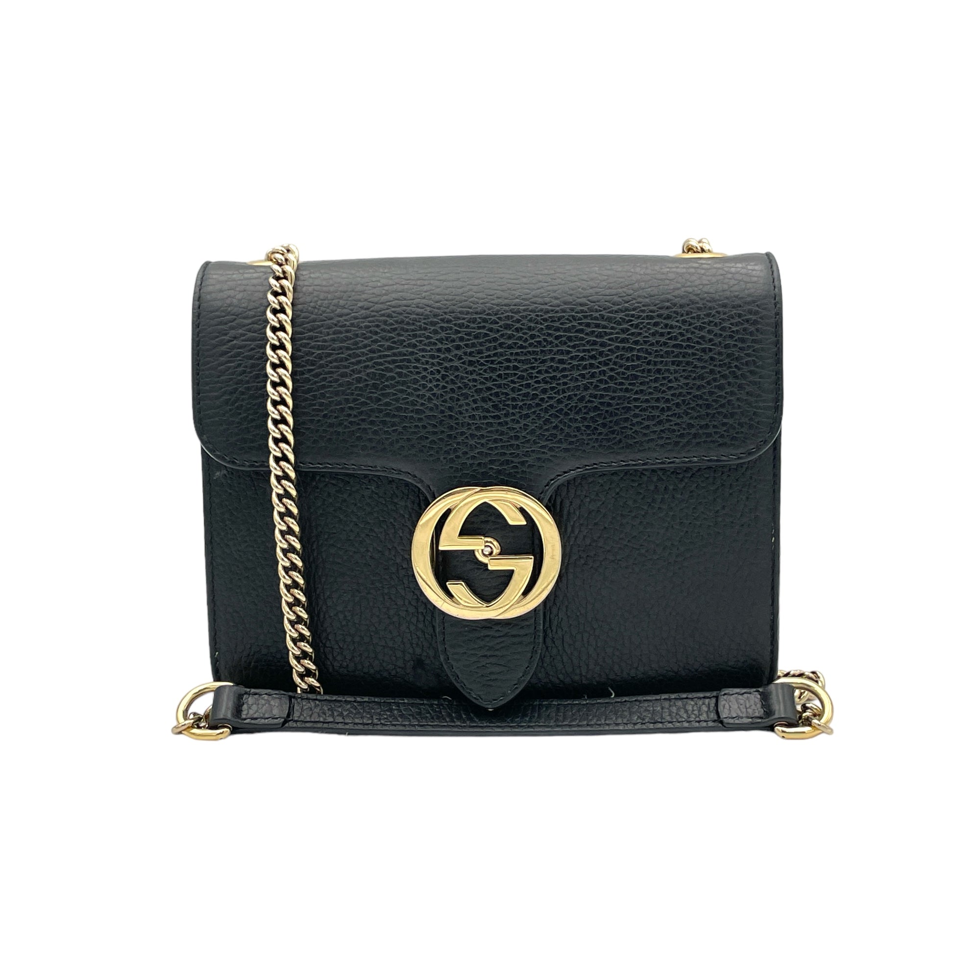 GG Interlock Flap Black Crossbody Bag in Calfskin, Gold hardware