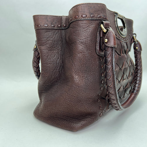 Woven Brown Top Handle Bag in Calfskin, Antique Brass hardware