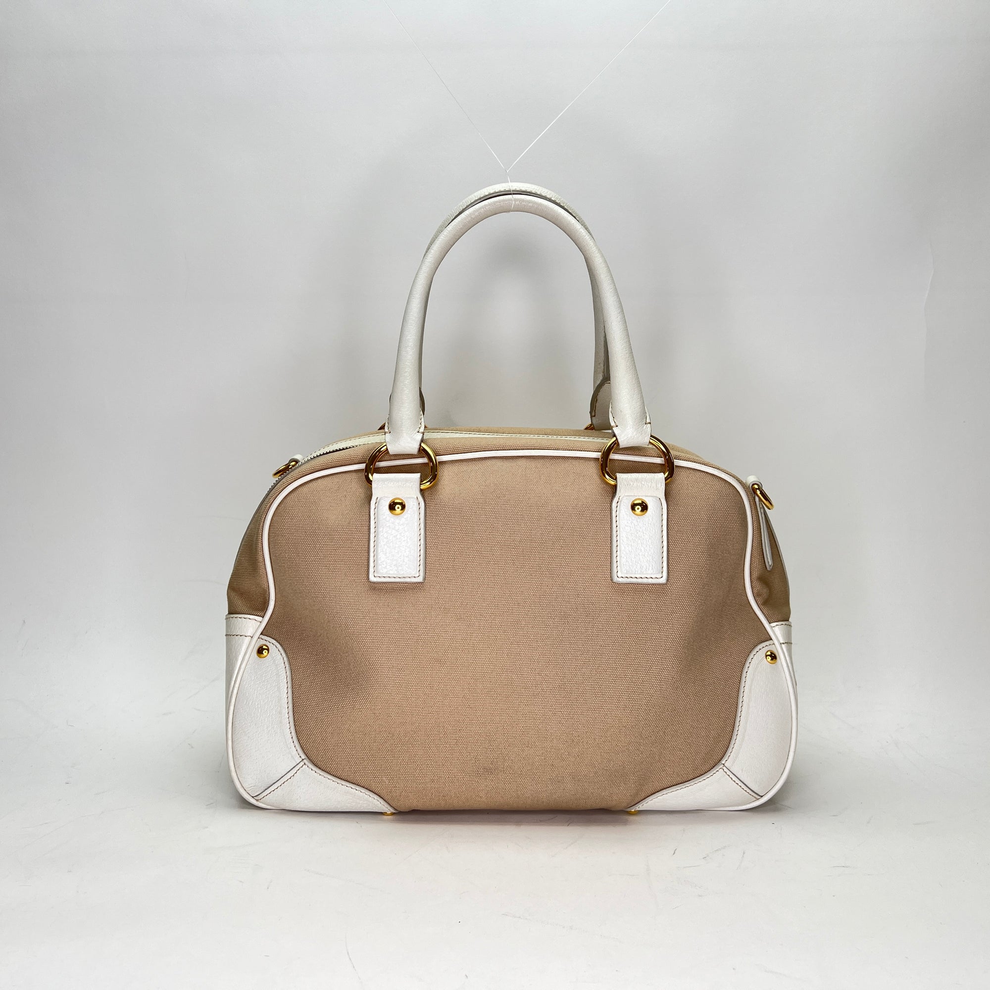 Plaque Logo Beige Top Handle Bag in Canvas, Gold hardware