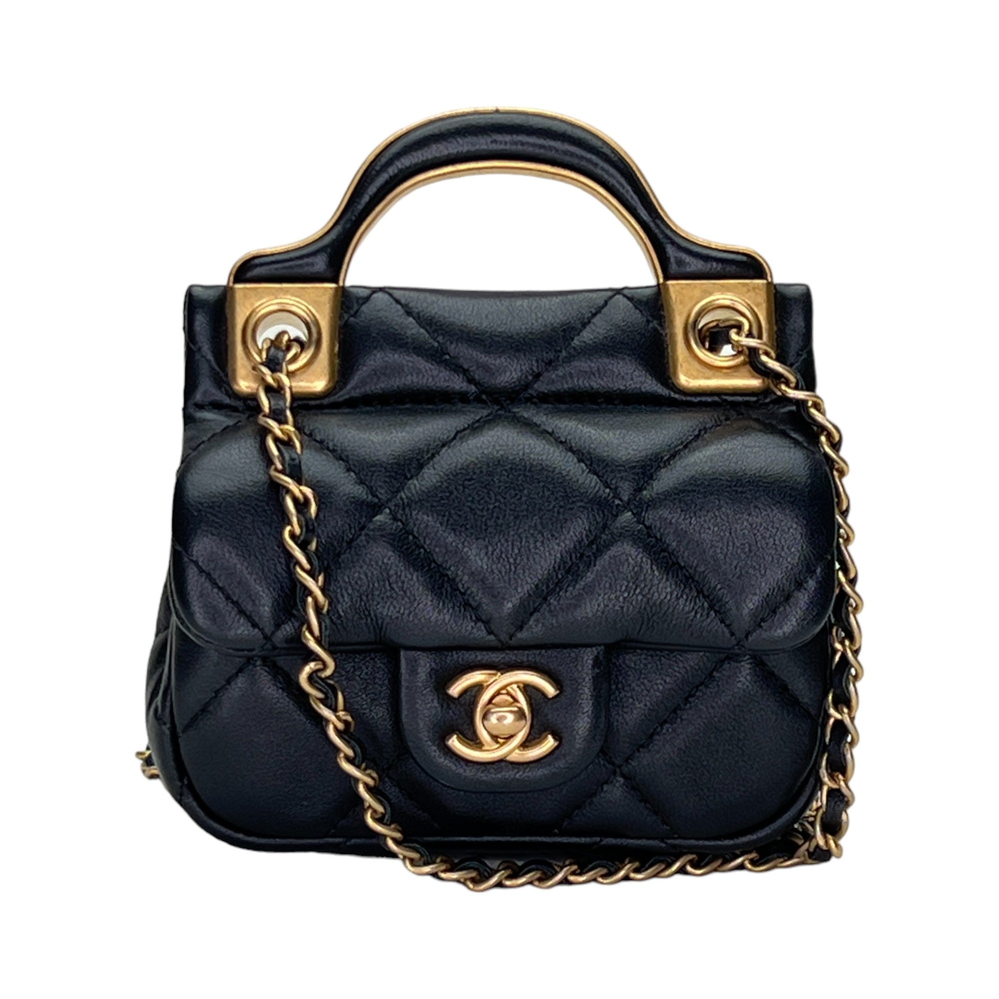 Lady Handle Flap Micro Black Shoulder Bag in Lambskin, Gold hardware