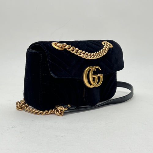 GG Marmont Mini Black Shoulder Bag in Velvet, Gold hardware