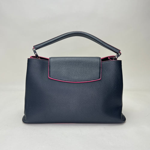 Capucines MM Navy Top Handle Bag in Clemence Taurillon Leather, Silver hardware