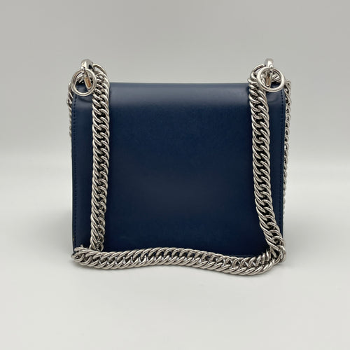 Crystal Studded Kan I Small Navy Crossbody Bag in Calfskin, Silver hardware