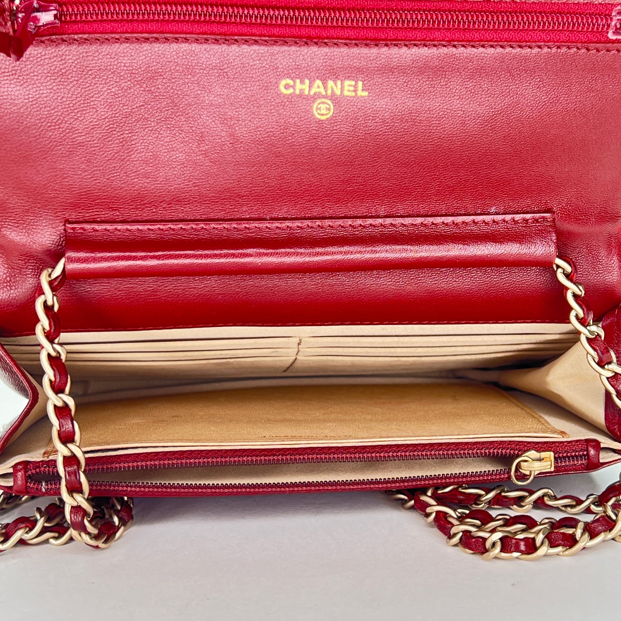 Camellia Red Wallet on Chain in Lambskin, Gold hardware