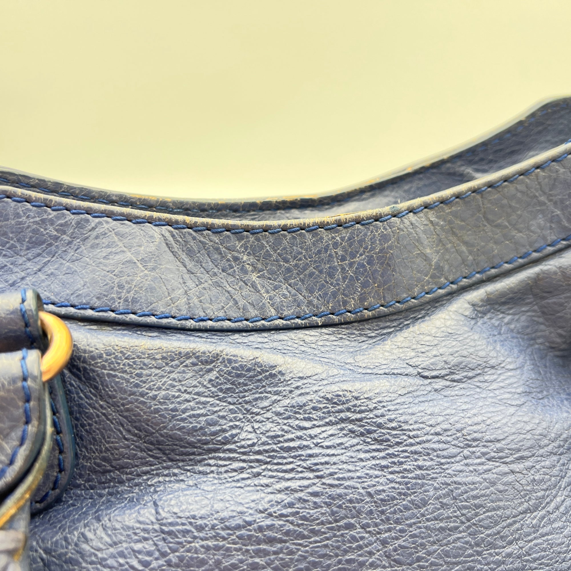 Velo Blue Top Handle Bag in Distressed Leather, Antique Brass hardware