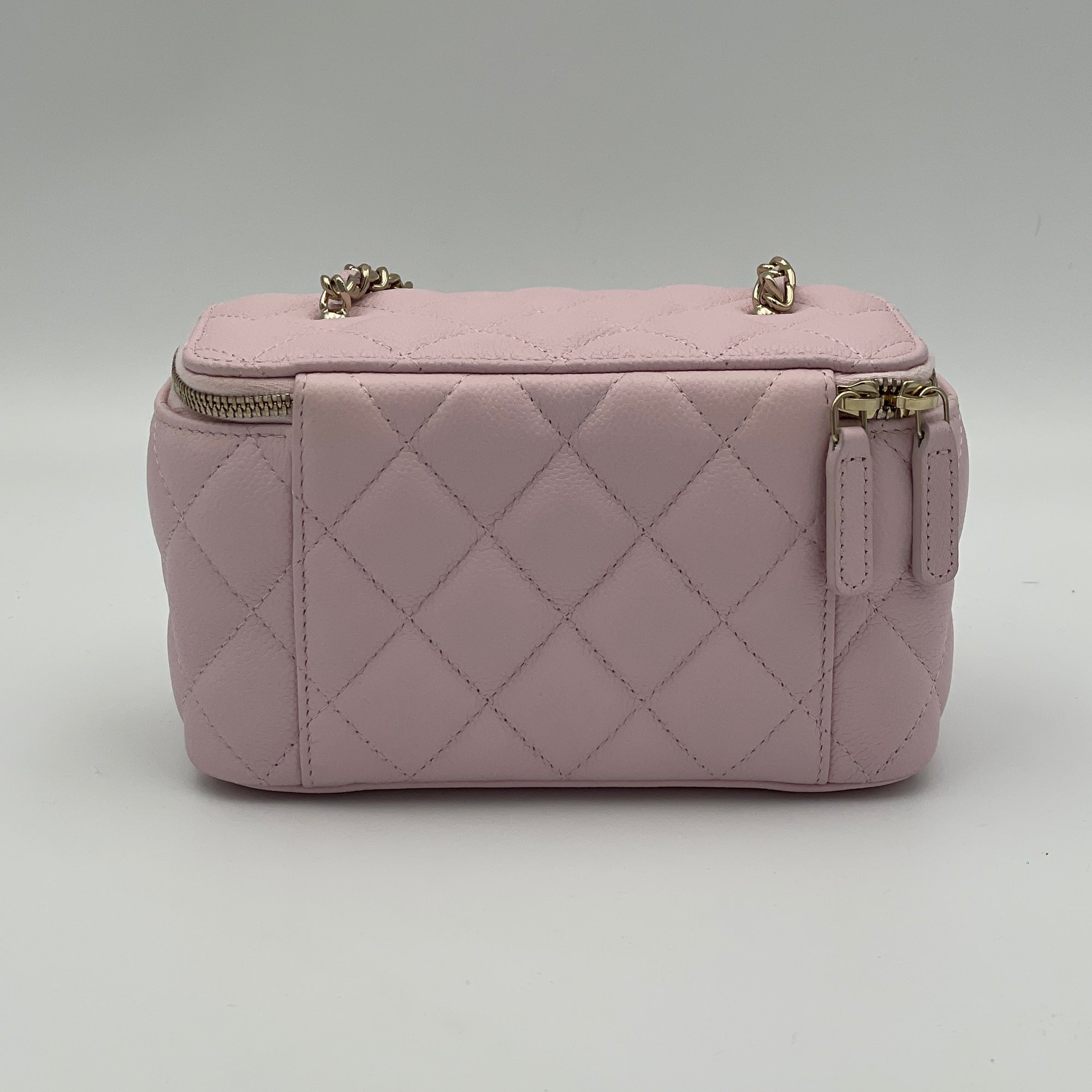 Quilted Pink Vanity Bag in Caviar Leather, Light Gold hardware