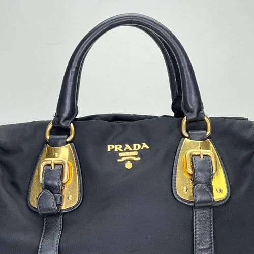 Satchel Black Top Handle Bag in Nylon, Gold hardware