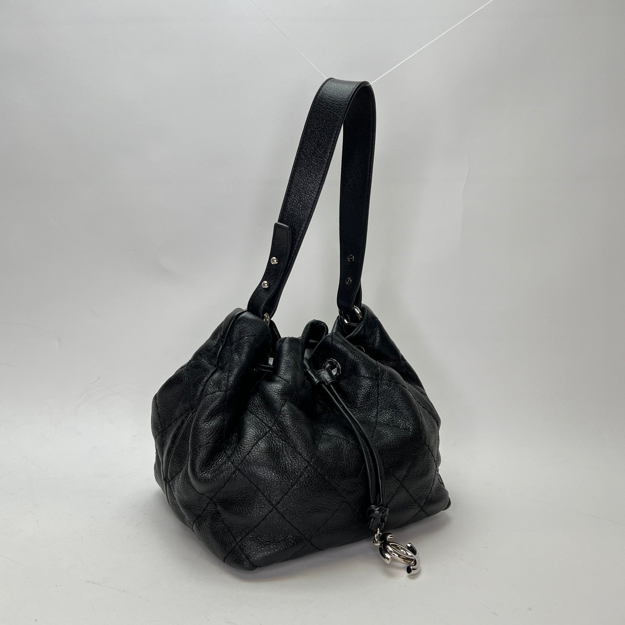 Quilted Drawstring Black Bucket Bag in Calfskin, Silver hardware