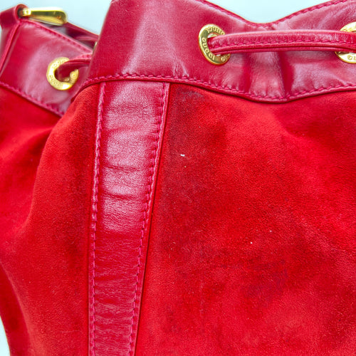 Vintage Red Bucket Bag in Suede Leather, Gold hardware