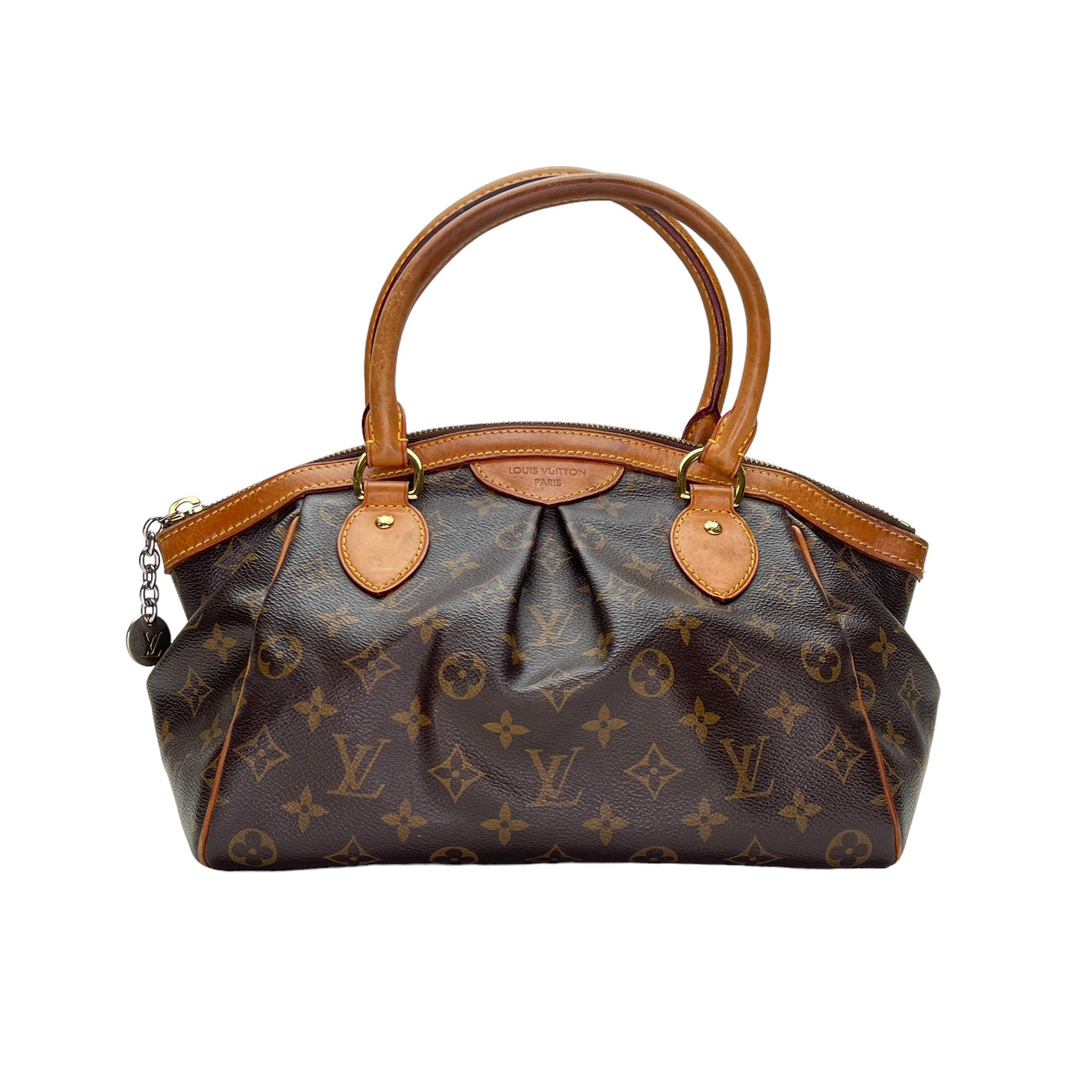 Tivoli PM Brown Top Handle Bag in Monogram Coated Canvas, Gold hardware