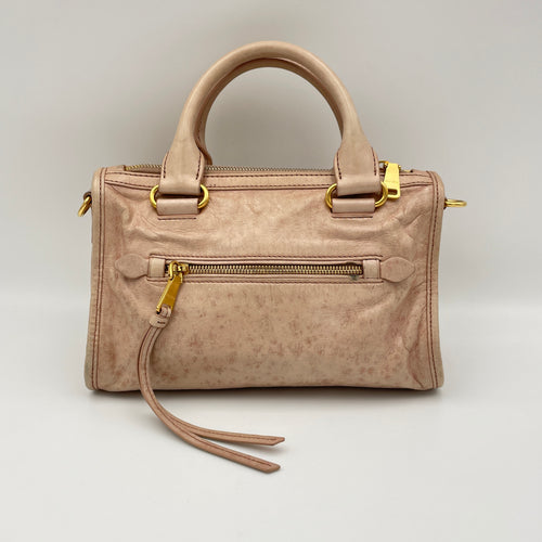 Vitello Shine Bauletto Satchel Pink Top Handle Bag in Distressed Leather, Gold hardware