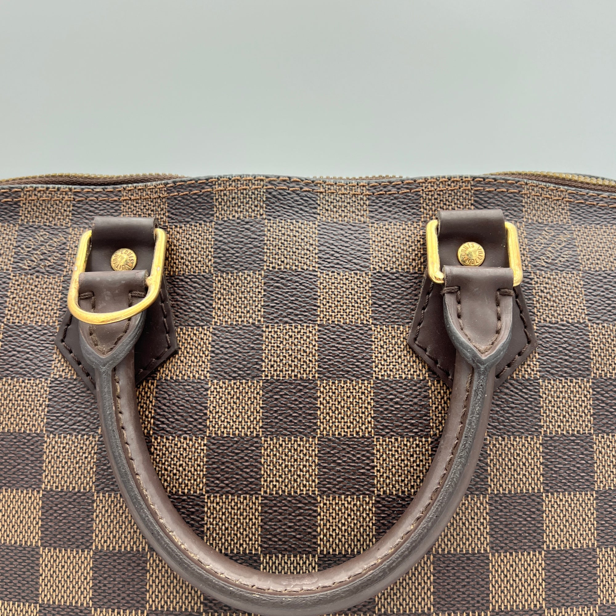 Damier Ebene Alma PM Brown Top Handle Bag in Coated Canvas, Gold hardware