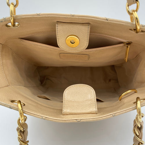 Pst Petite Beige Tote Bag in Caviar Leather, Gold hardware