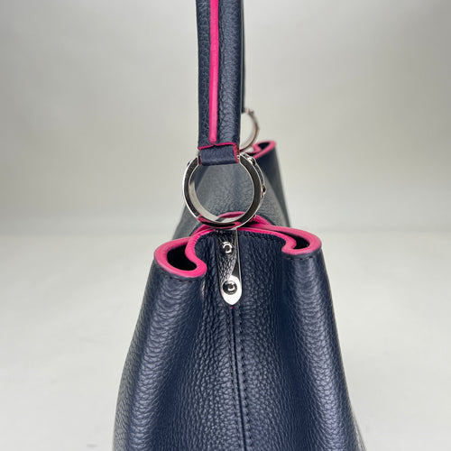 Capucines MM Navy Top Handle Bag in Clemence Taurillon Leather, Silver hardware