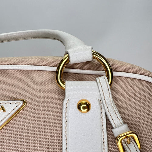 Plaque Logo Beige Top Handle Bag in Canvas, Gold hardware