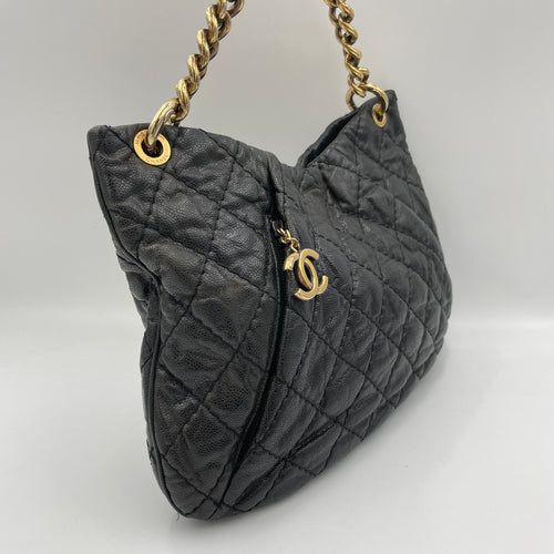 Coco Pleats Hobo Black Top Handle Bag in Caviar Leather, Gold hardware