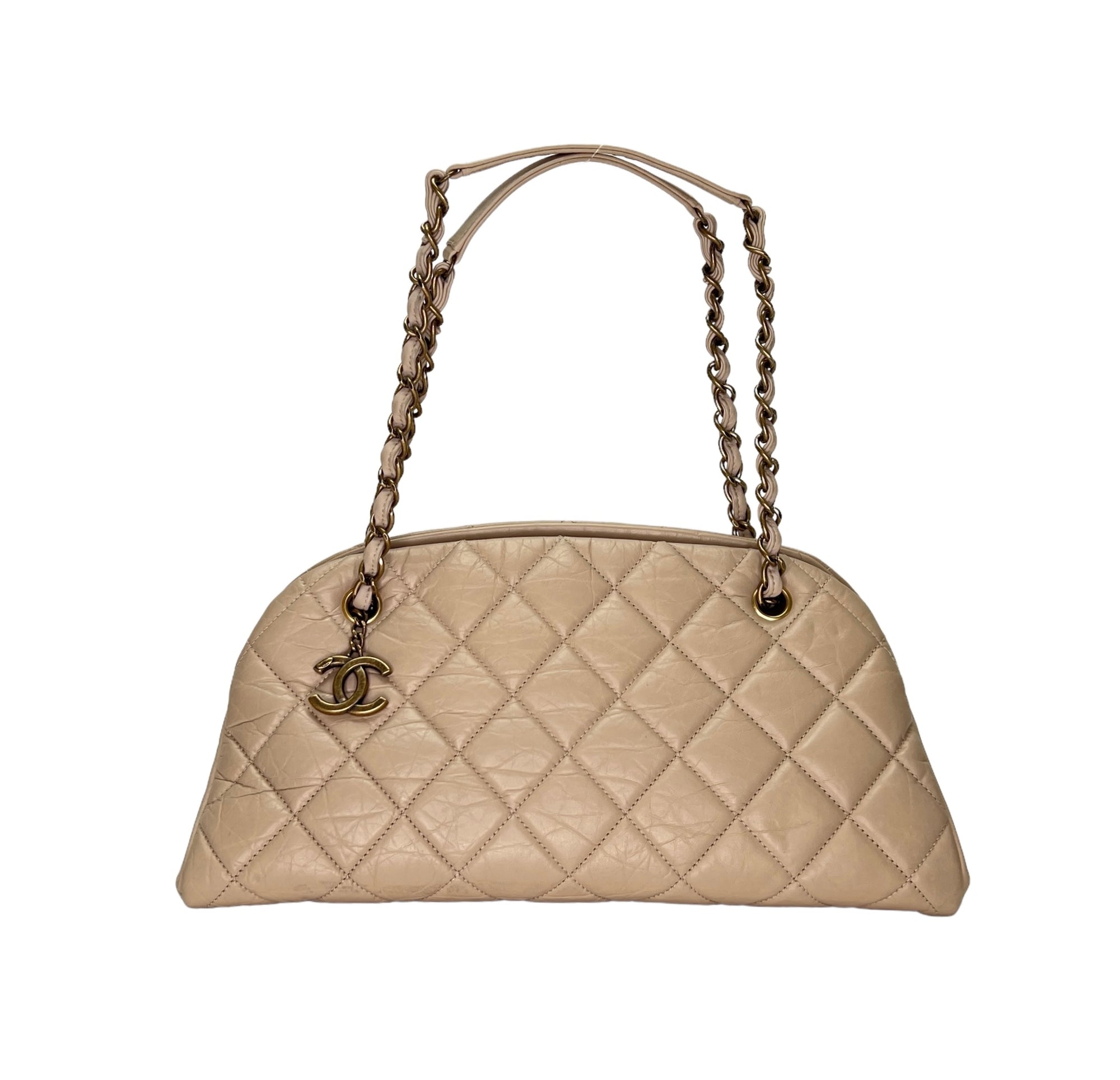 Just Mademoiselle Bowling Beige Shoulder Bag in Distressed Leather, Antique Brass hardware