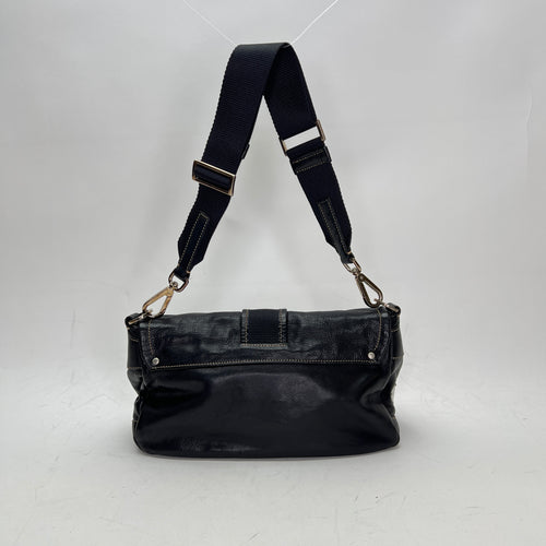 Buckle Flap Black Shoulder Bag in Calfskin, Silver hardware