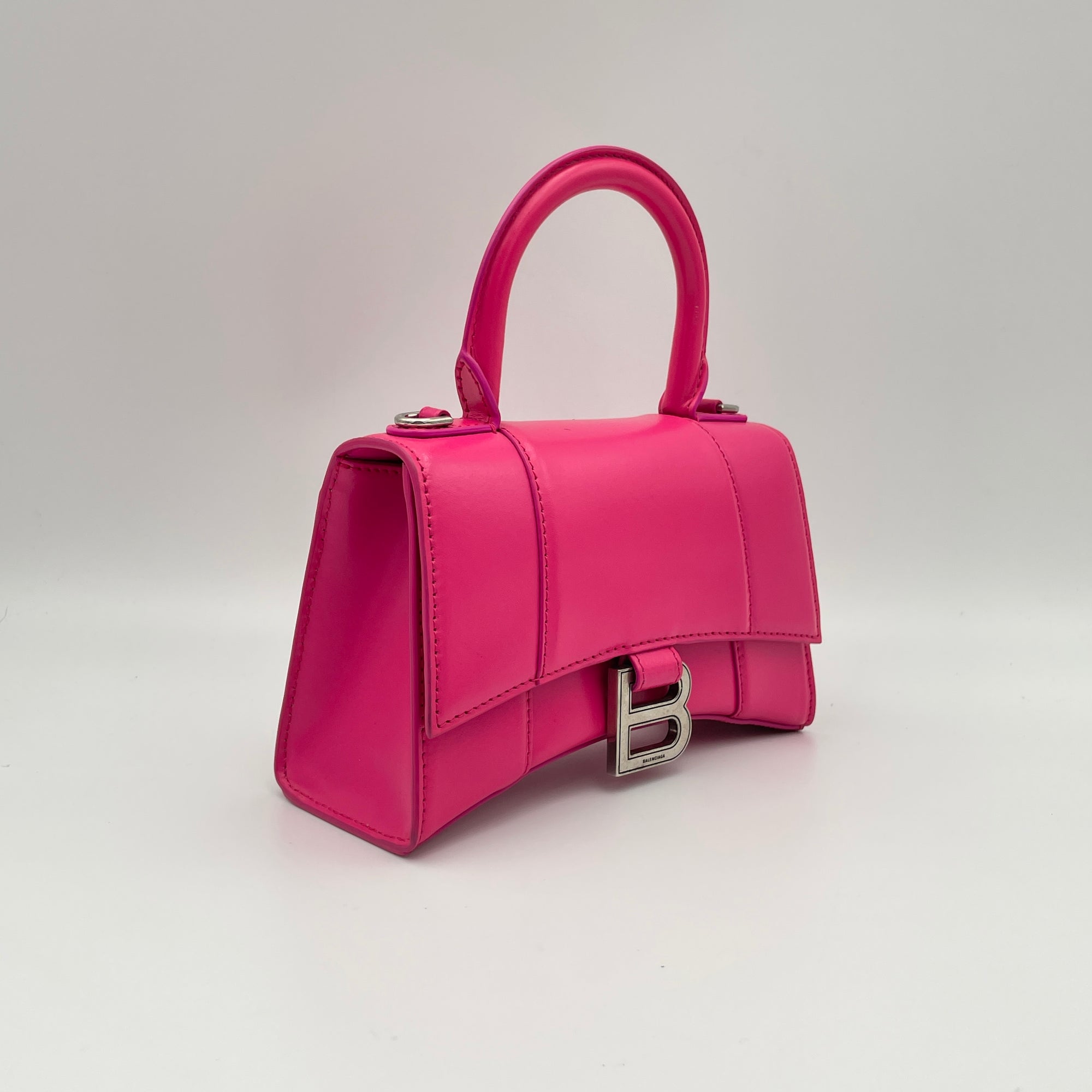 Hourglass XS Pink Top Handle Bag in Calfskin, Silver hardware