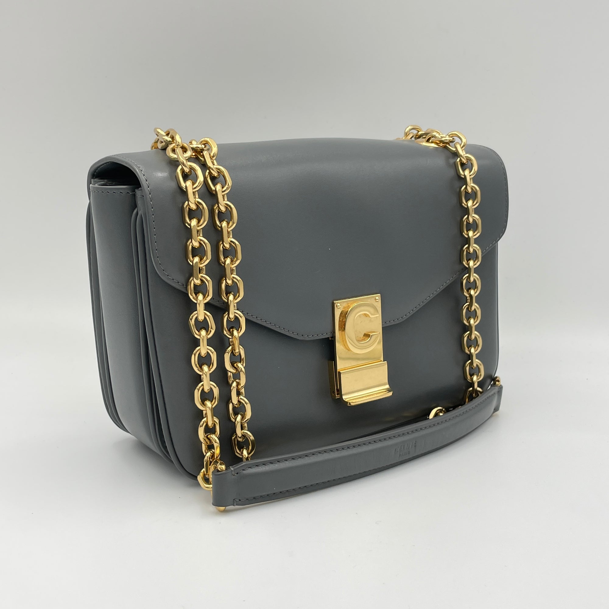 C Charm Grey Shoulder Bag in Calfskin, Gold hardware