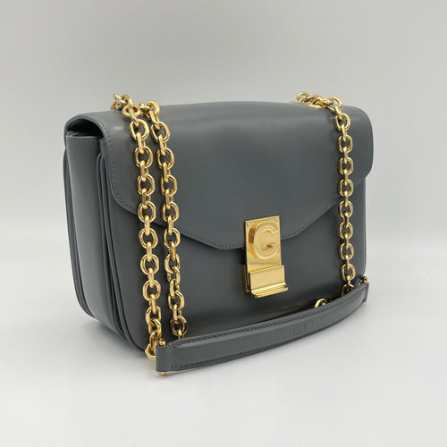 C Charm Grey Shoulder Bag in Calfskin, Gold hardware