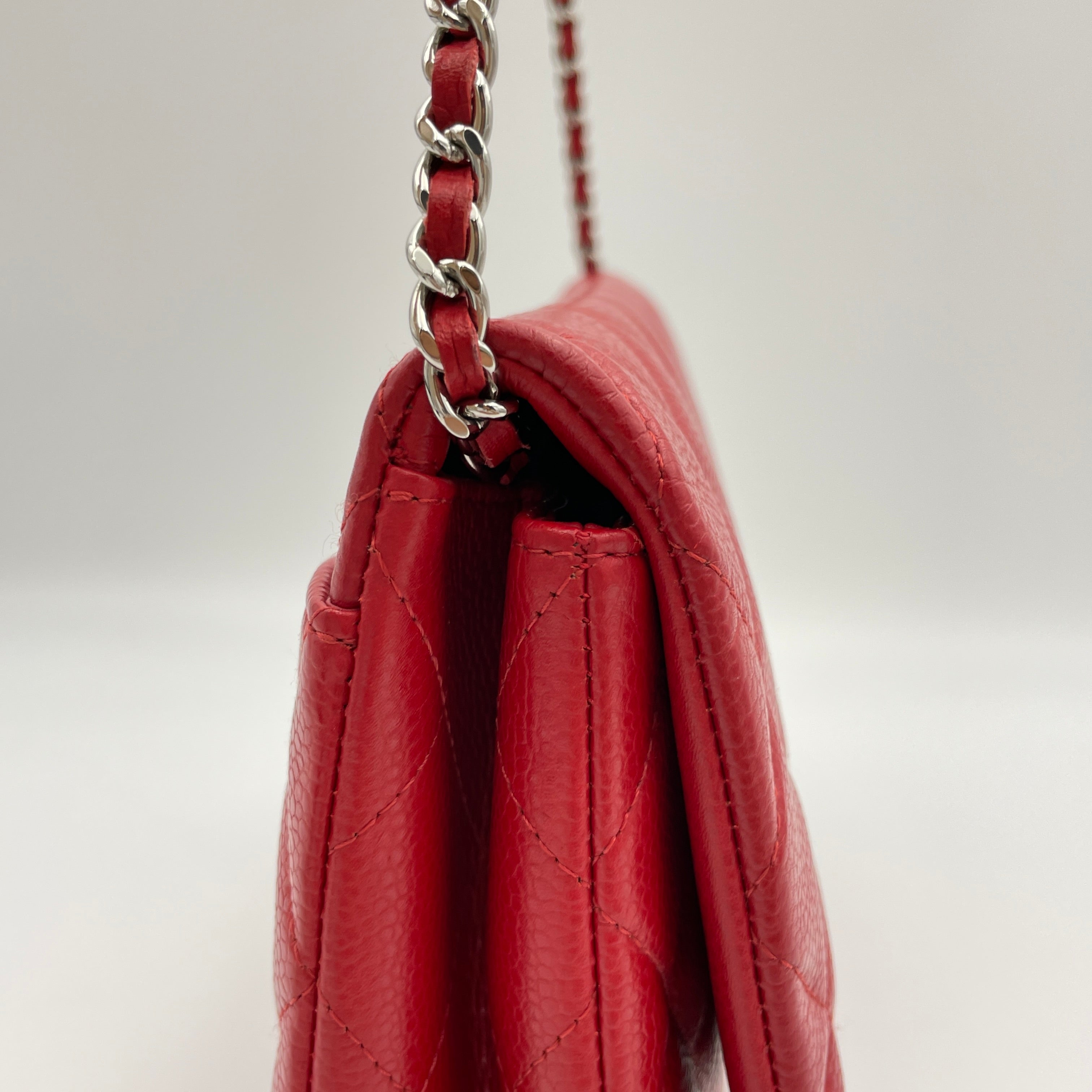 Quilted Chain Red Clutch in Caviar Leather Silver hardware