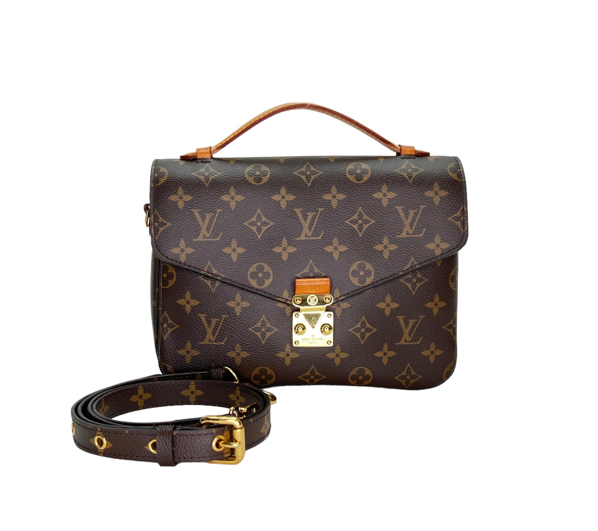 Metis Pochette Brown Crossbody Bag in Monogram Coated Canvas, Gold hardware