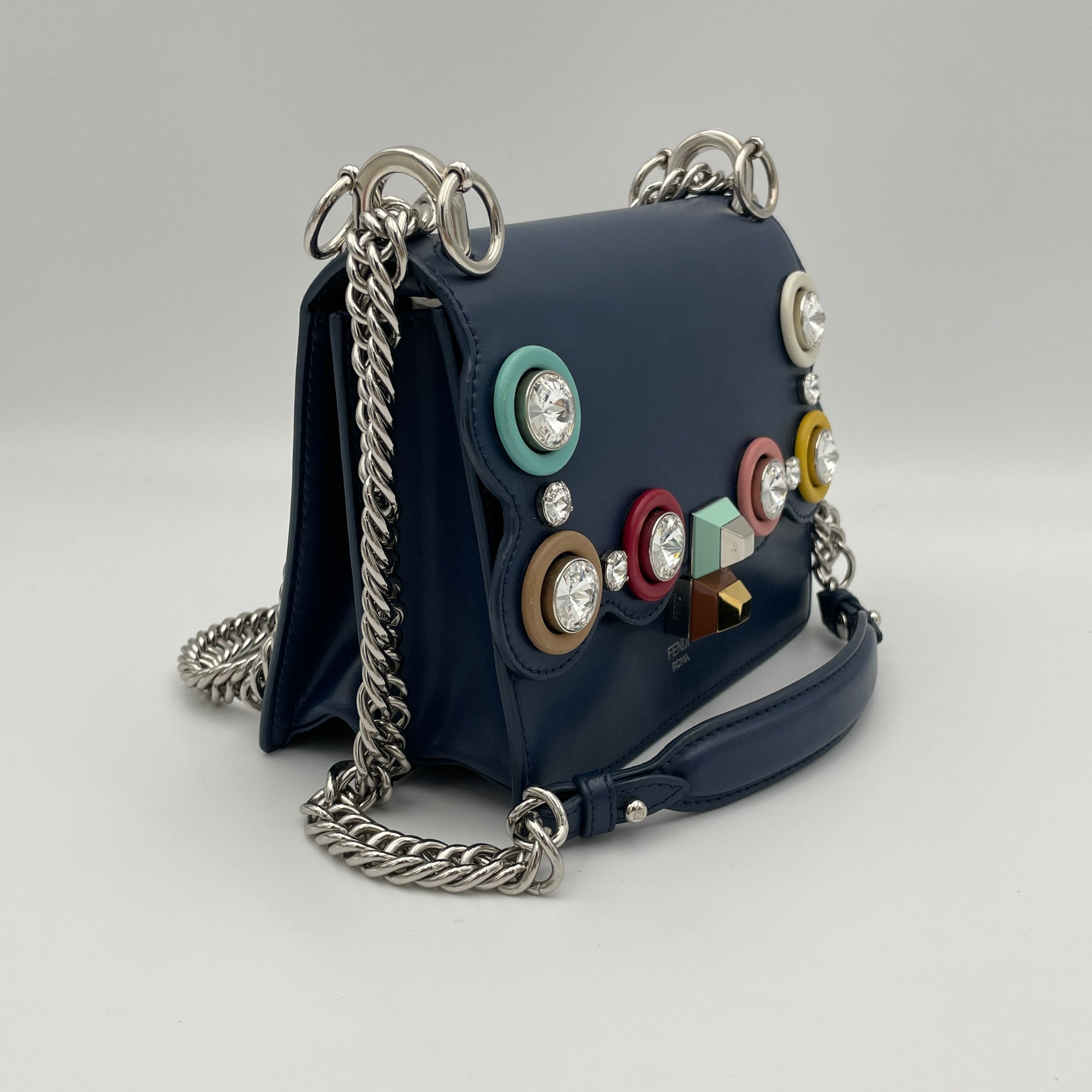 Crystal Studded Kan I Small Navy Crossbody Bag in Calfskin, Silver hardware