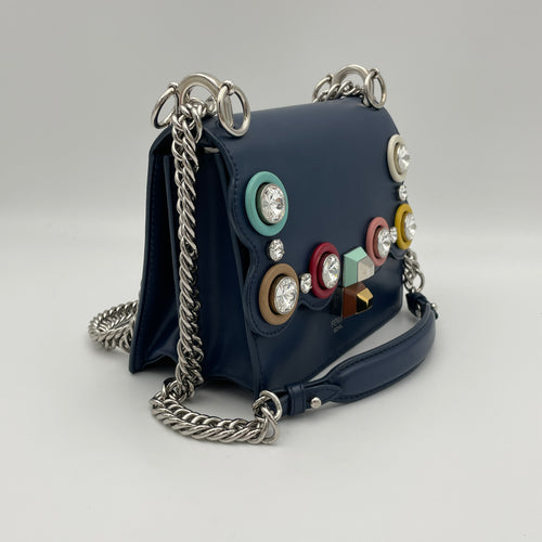 Crystal Studded Kan I Small Navy Crossbody Bag in Calfskin, Silver hardware