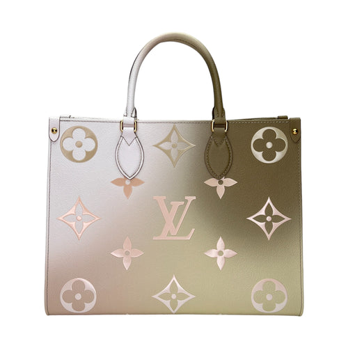 OnTheGo MM Beige Tote Bag in Coated Canvas, Gold hardware