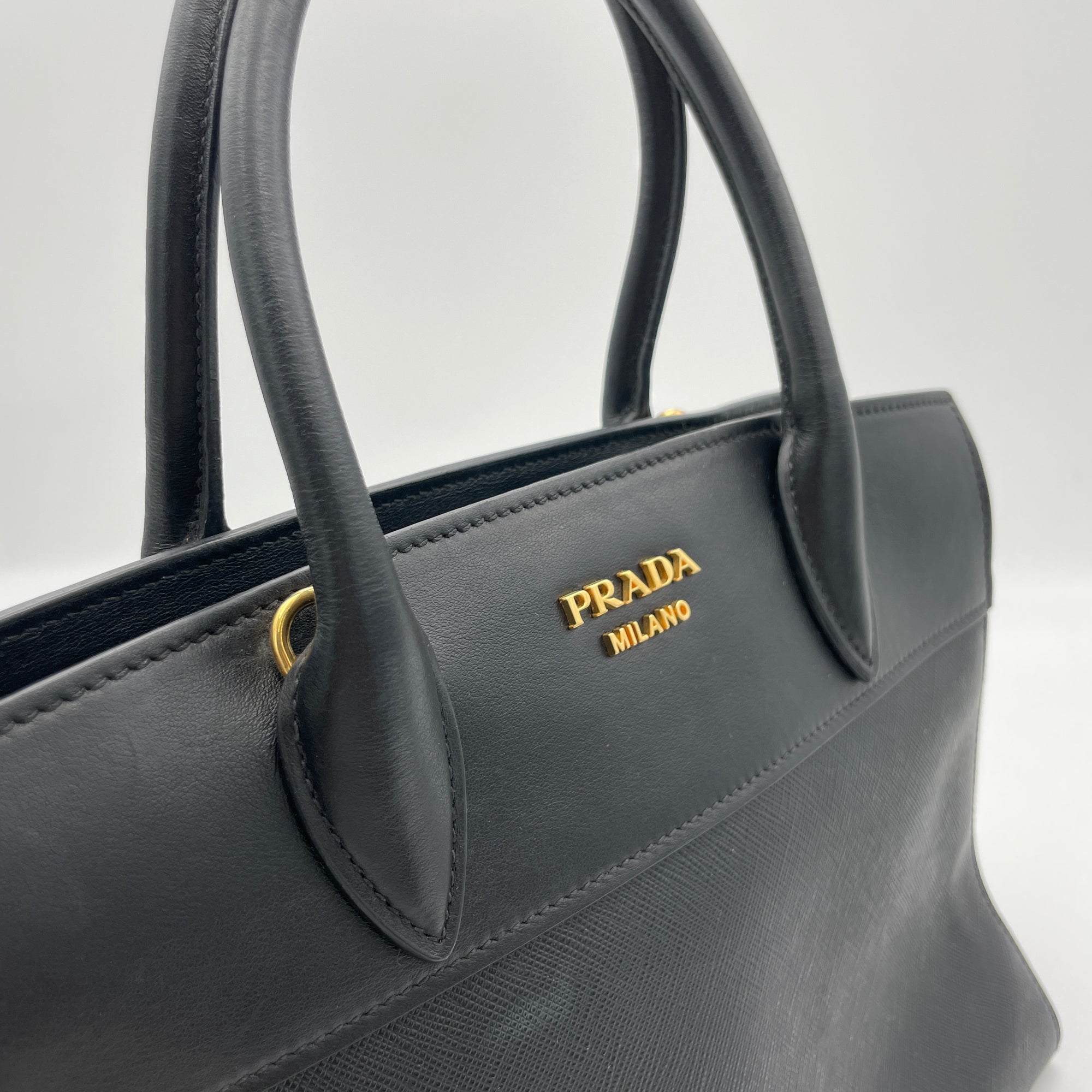 Esplanade Black Top Handle Bag in Saffiano Leather, Gold hardware