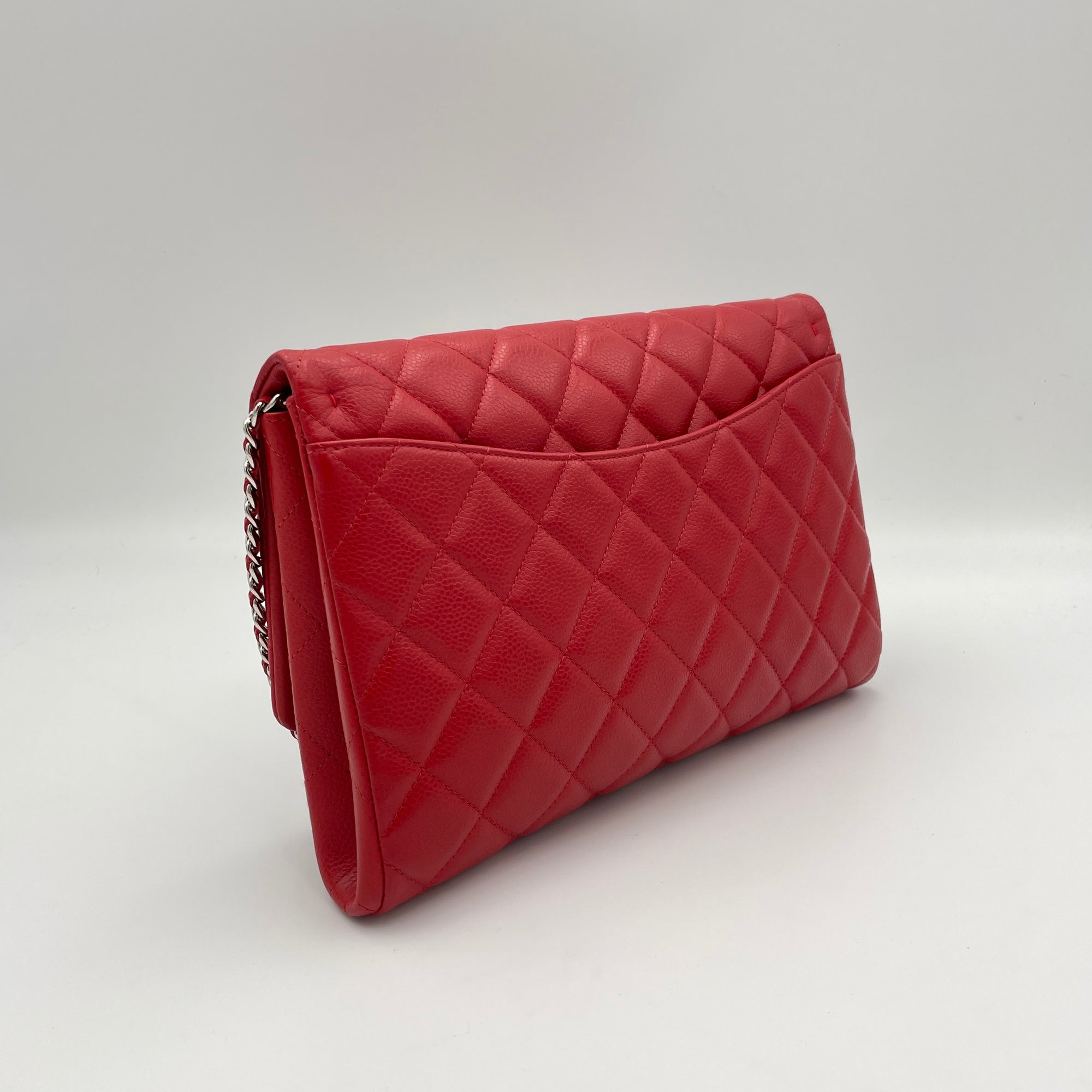 Quilted Chain Red Clutch in Caviar Leather, Silver hardware