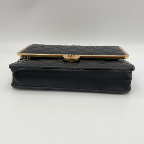 Quilted Frame Black Wallet on Chain in Lambskin, Gold hardware