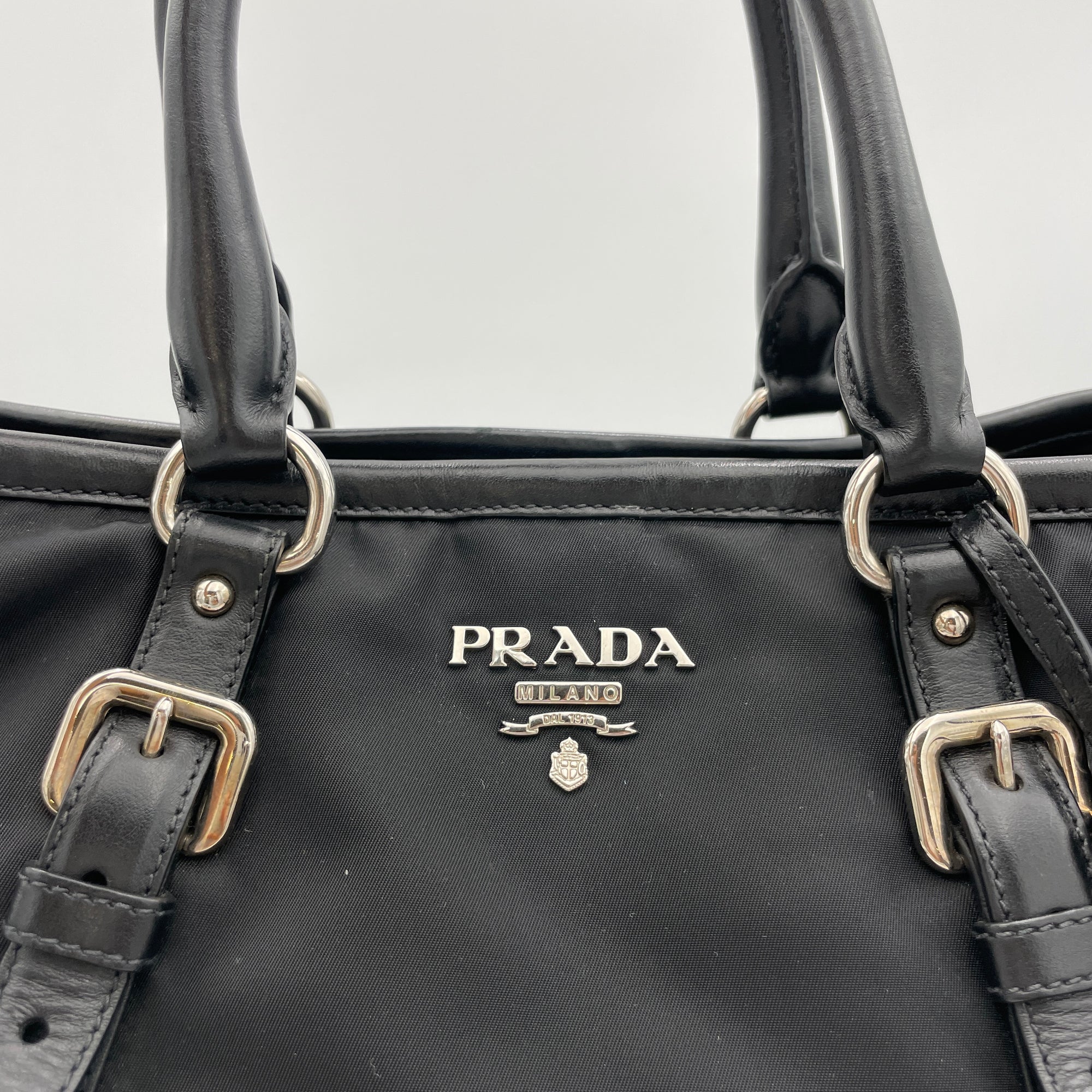 Two-Way Black Top Handle Bag in Nylon, Silver hardware