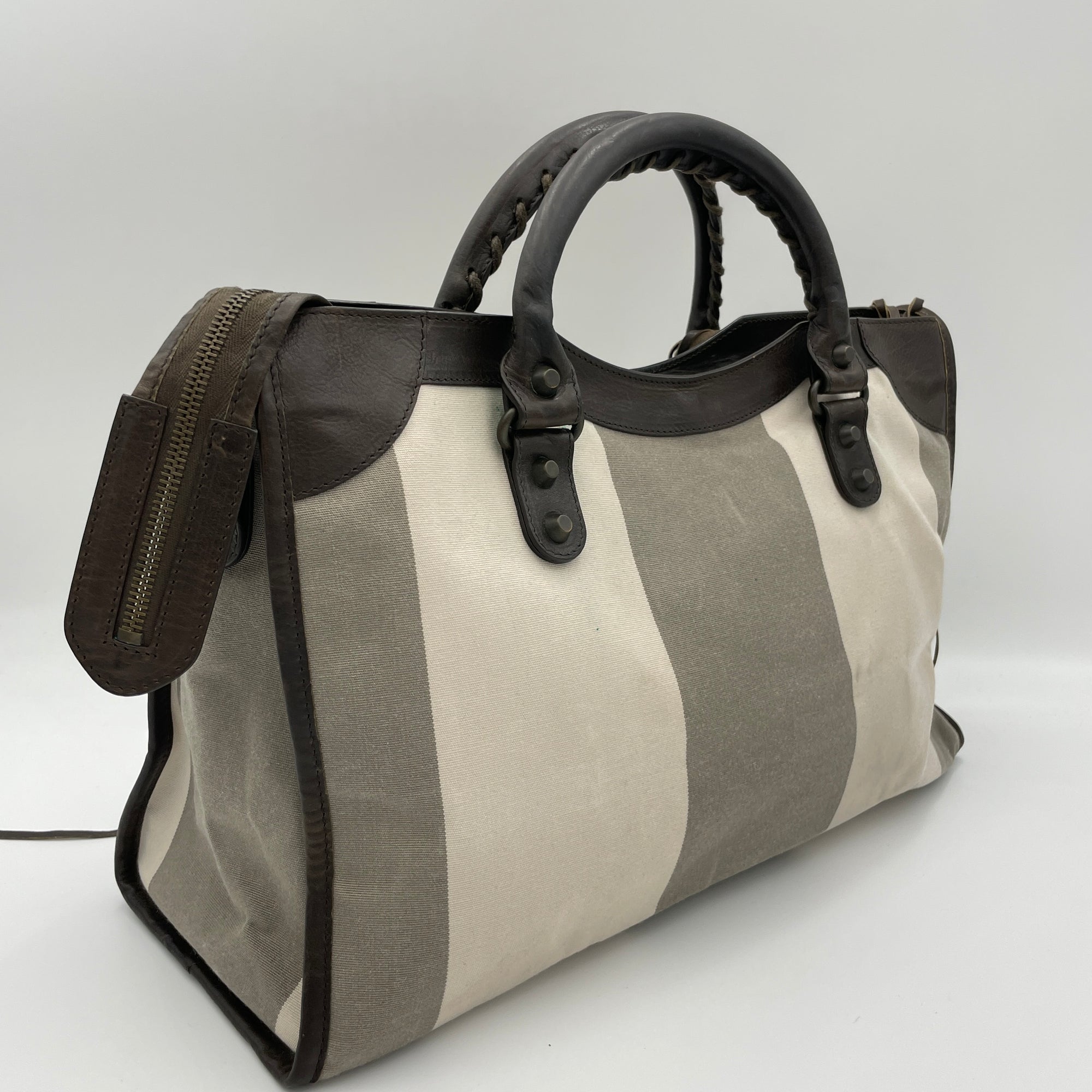 City Bag Brown Top Handle Bag in Canvas, Ruthenium-finish Brass hardware