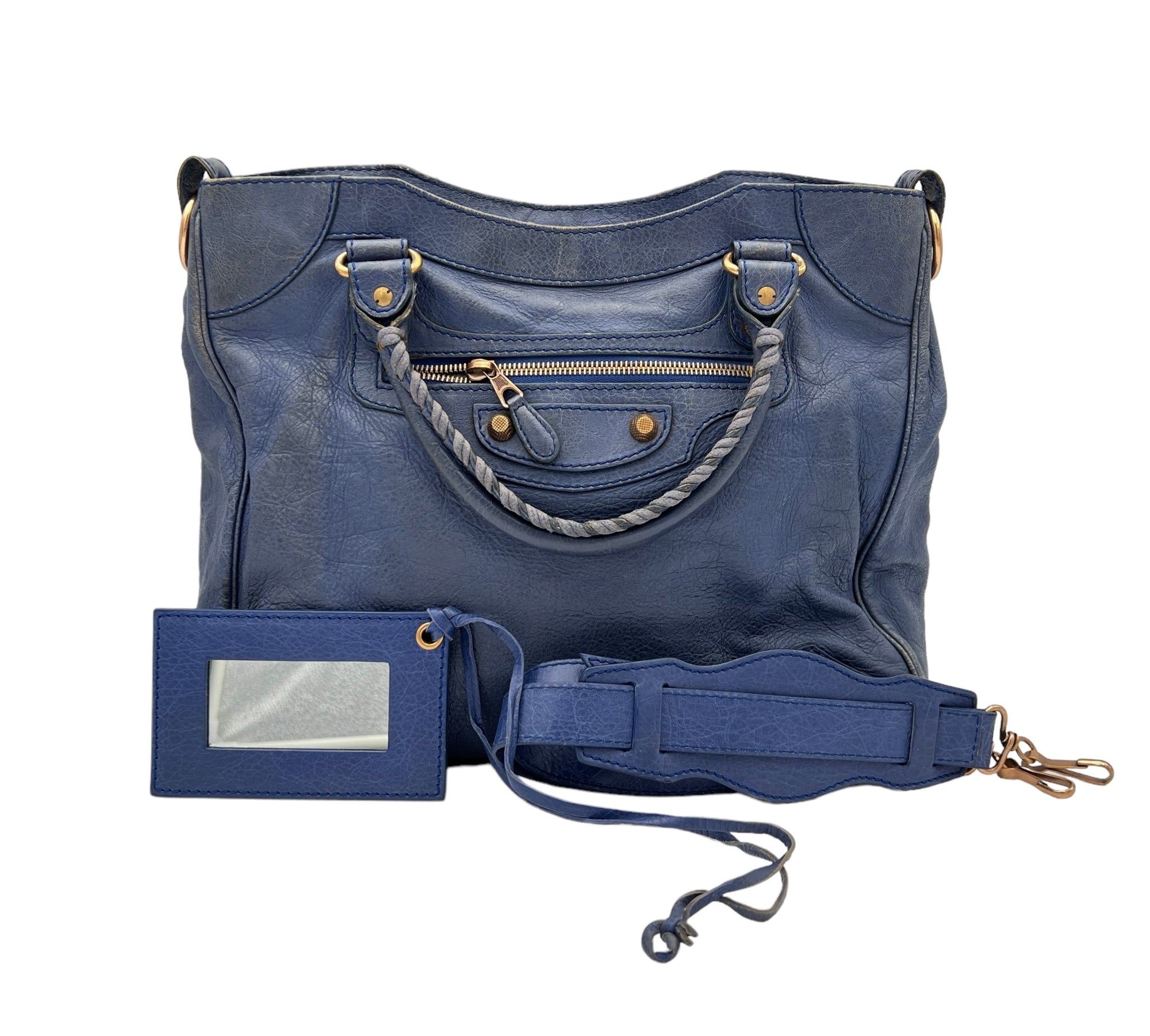 Velo Blue Top Handle Bag in Distressed Leather, Antique Brass hardware