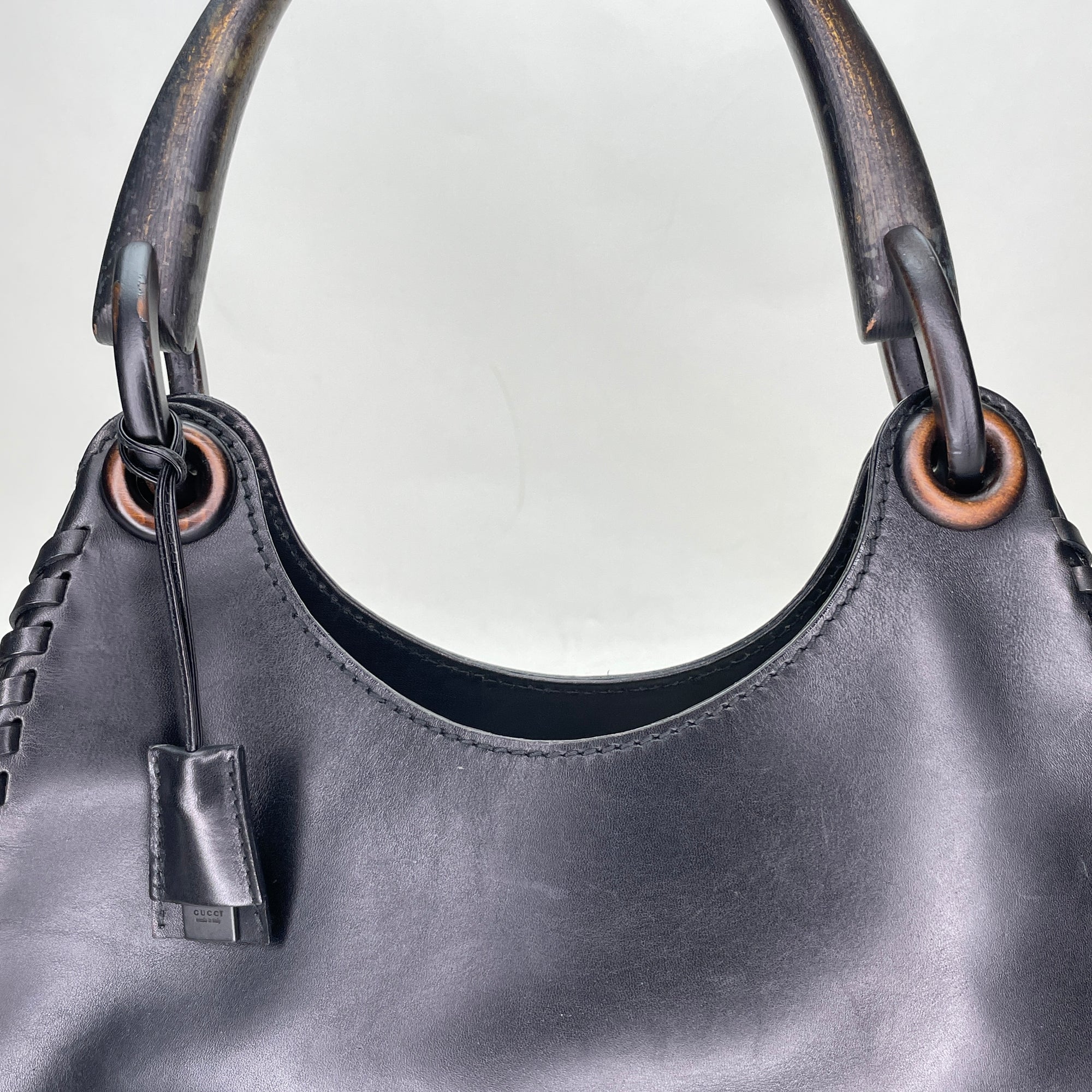 Whipstitch Wooden Handle Hobo Black Shoulder Bag in Calfskin, Lacquered Metal hardware