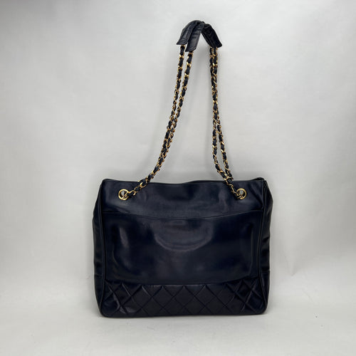 Vintage Quilted Chain Navy Tote Bag in Lambskin, Gold hardware