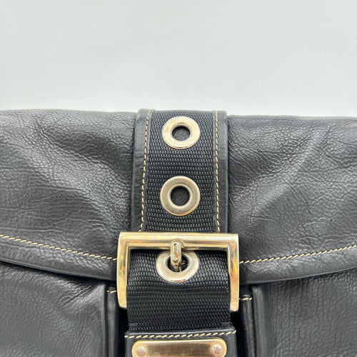 Buckle Flap Black Shoulder Bag in Calfskin, Silver hardware