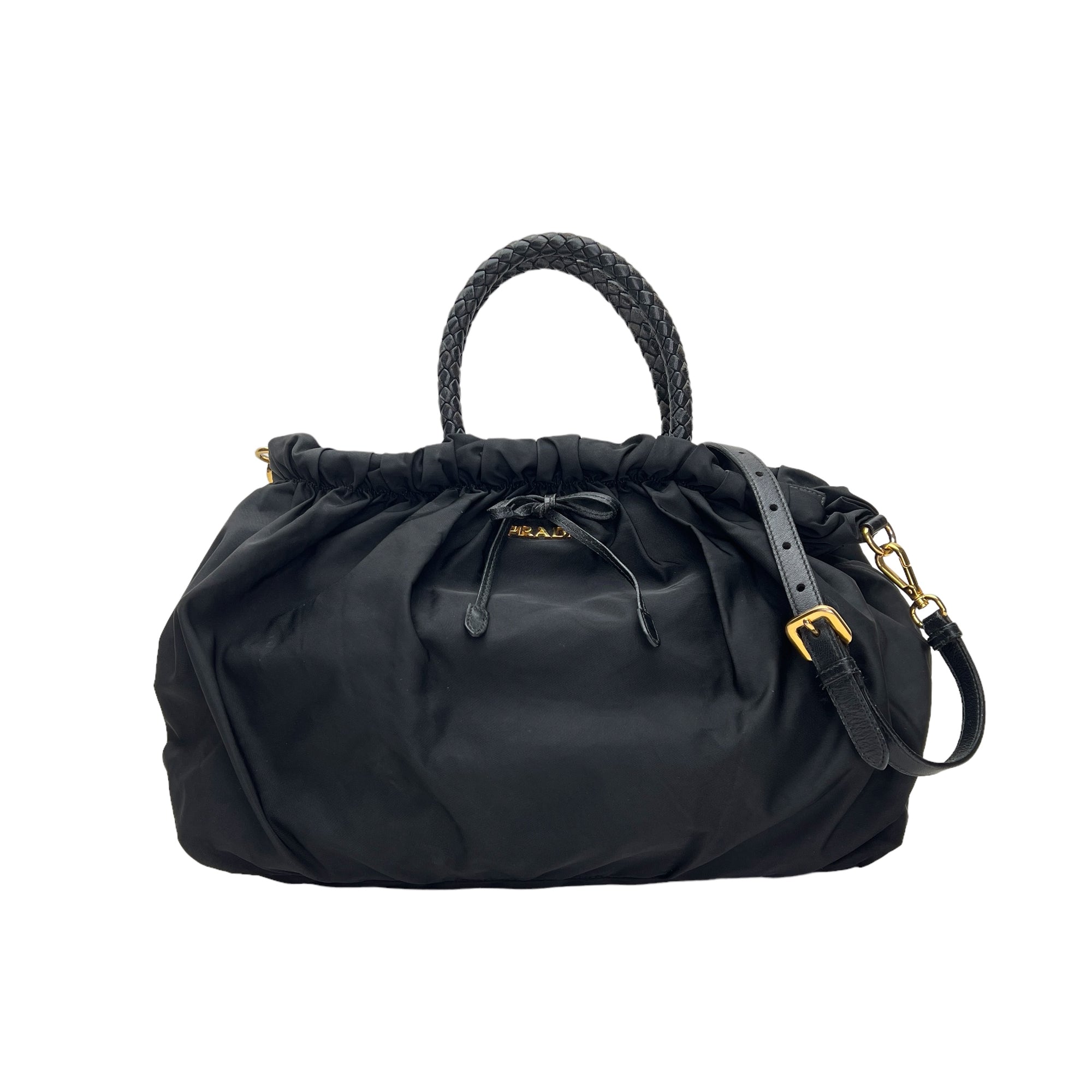 Braided Top Handle Bag Black Top Handle Bag in Nylon, Gold hardware