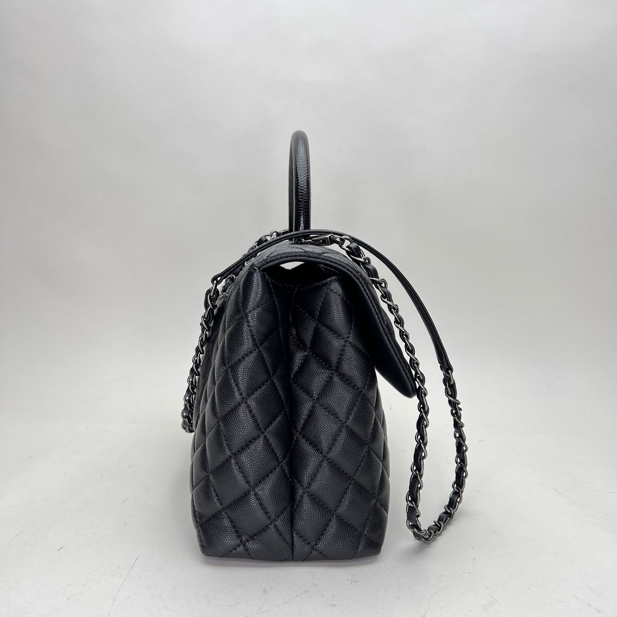 Coco Medium Black Top Handle Bag in Caviar Leather, Ruthenium hardware