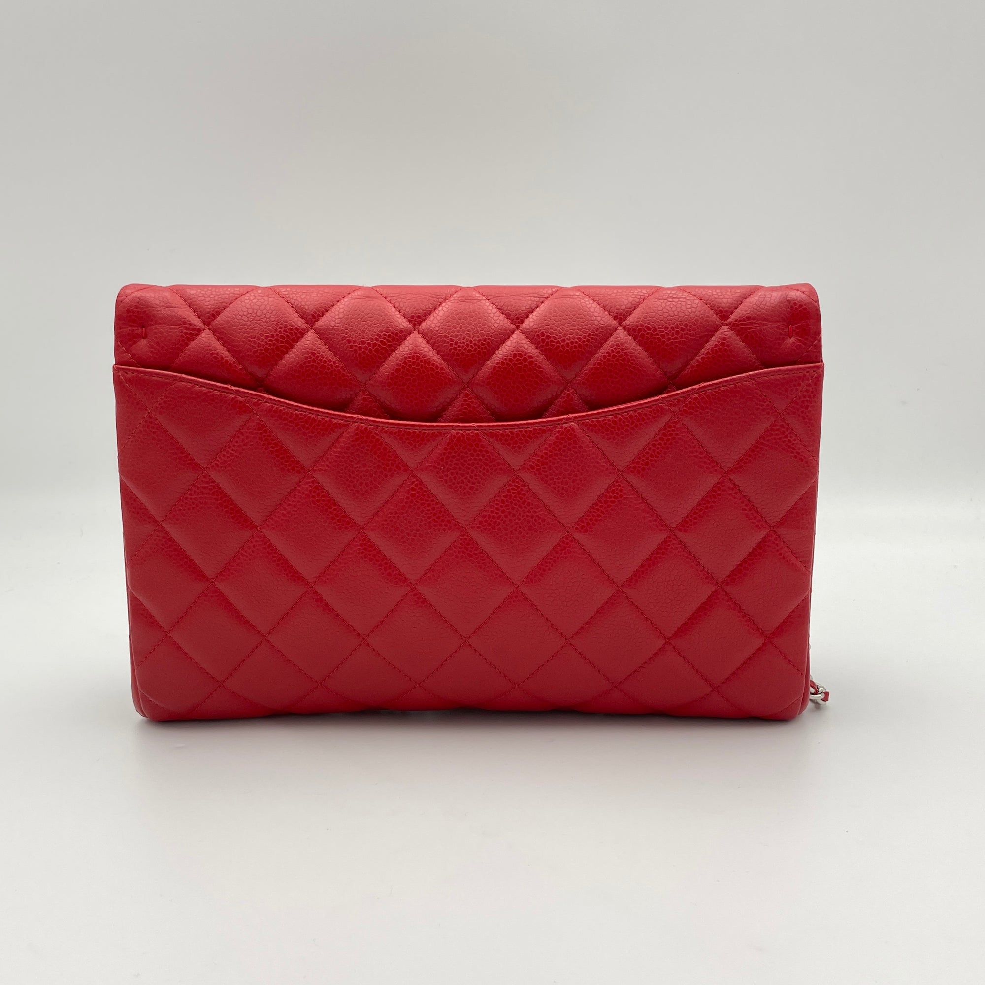 Quilted Chain Red Clutch in Caviar Leather, Silver hardware