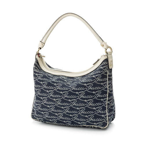 Calligraphy Navy Shoulder Bag in Denim, Light Gold hardware