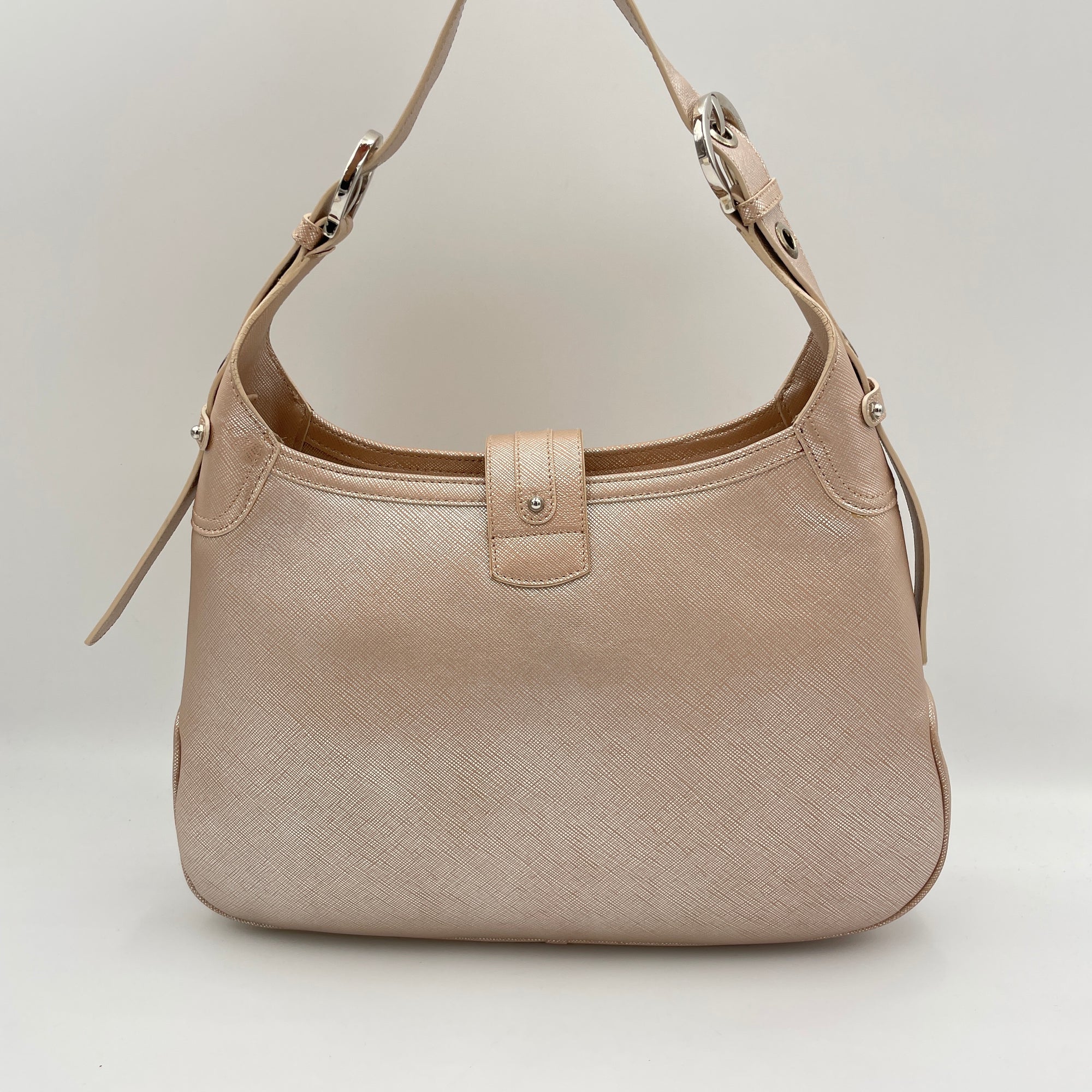 Gancini Hobo Pink Shoulder Bag in Saffiano Leather, Silver hardware