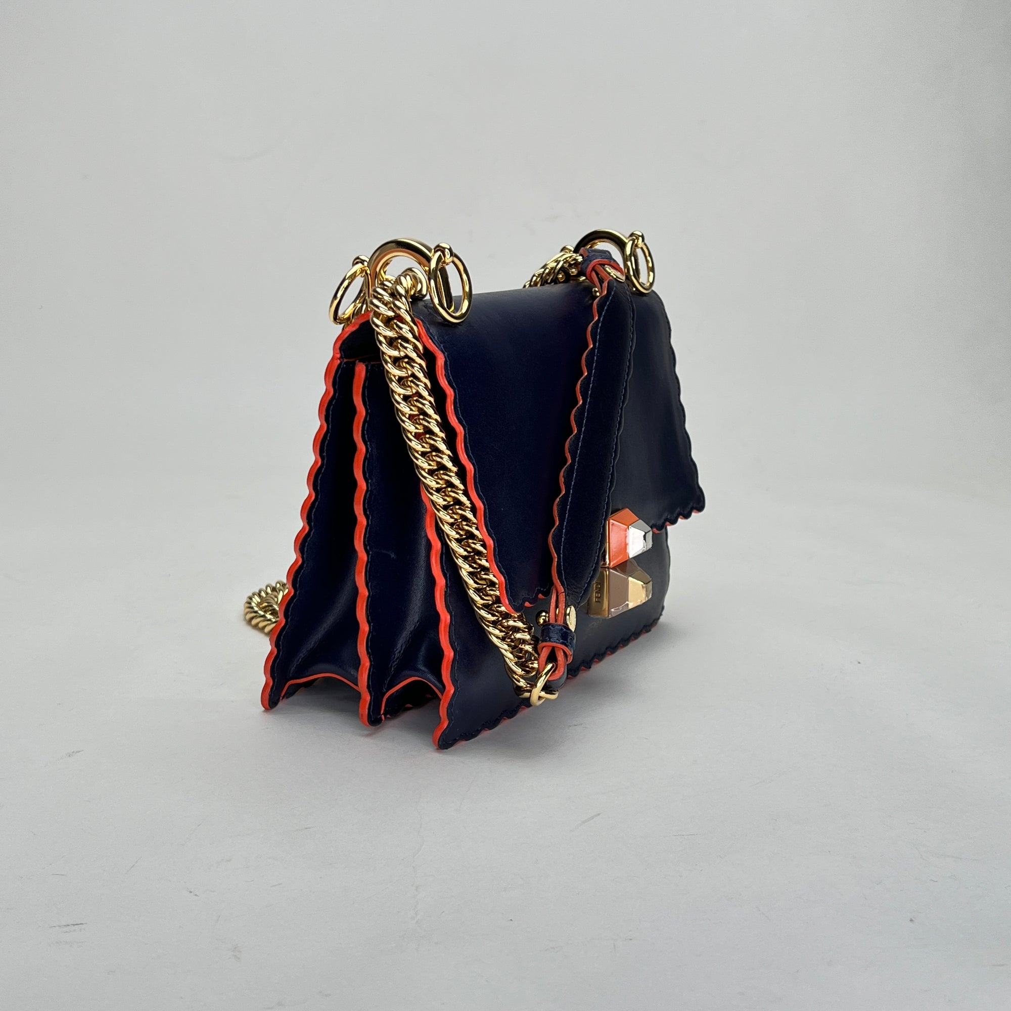 Kan I Small Navy Shoulder Bag in Calfskin, Gold hardware