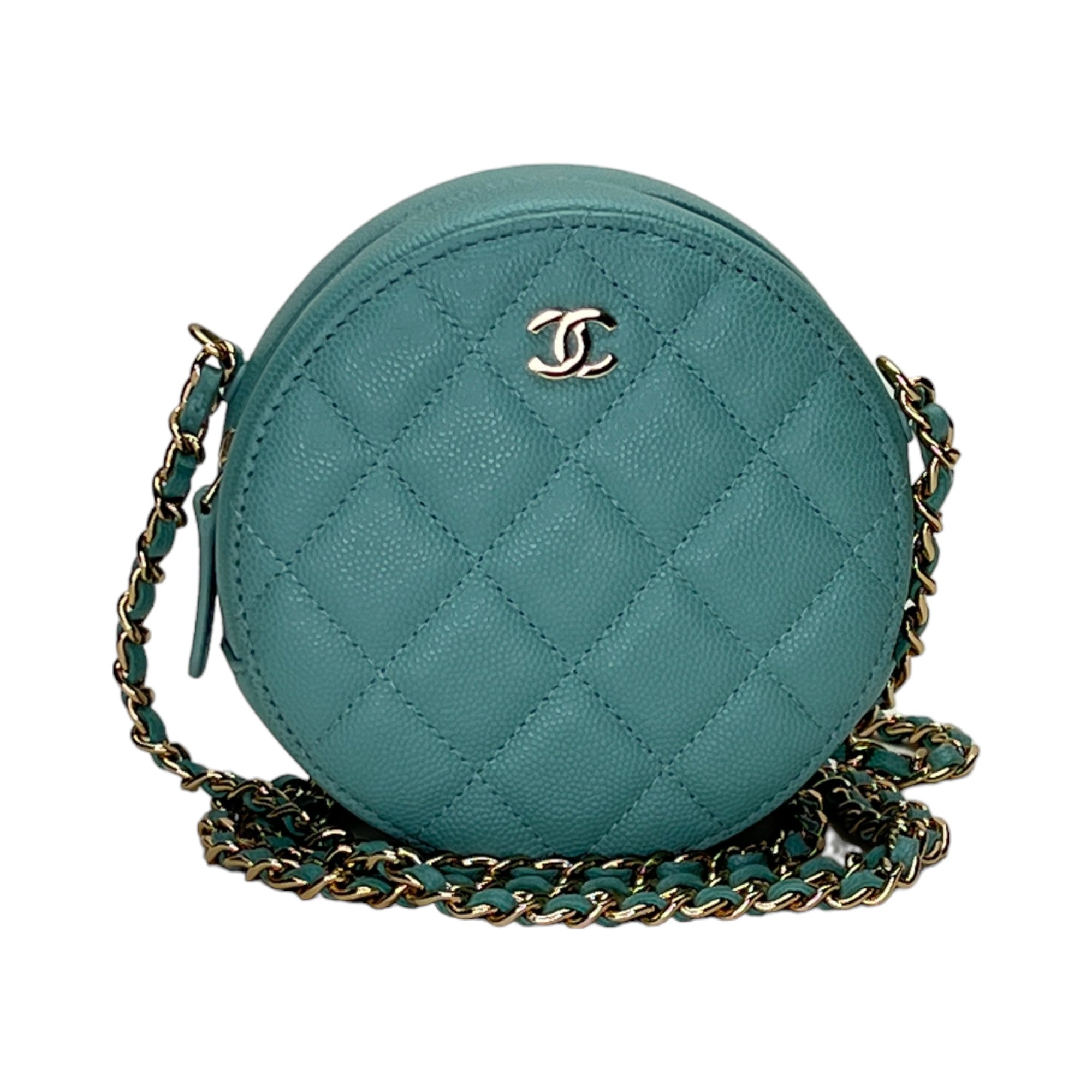 Round Clutch with Chain Blue Crossbody Bag in Caviar Leather, Light Gold hardware