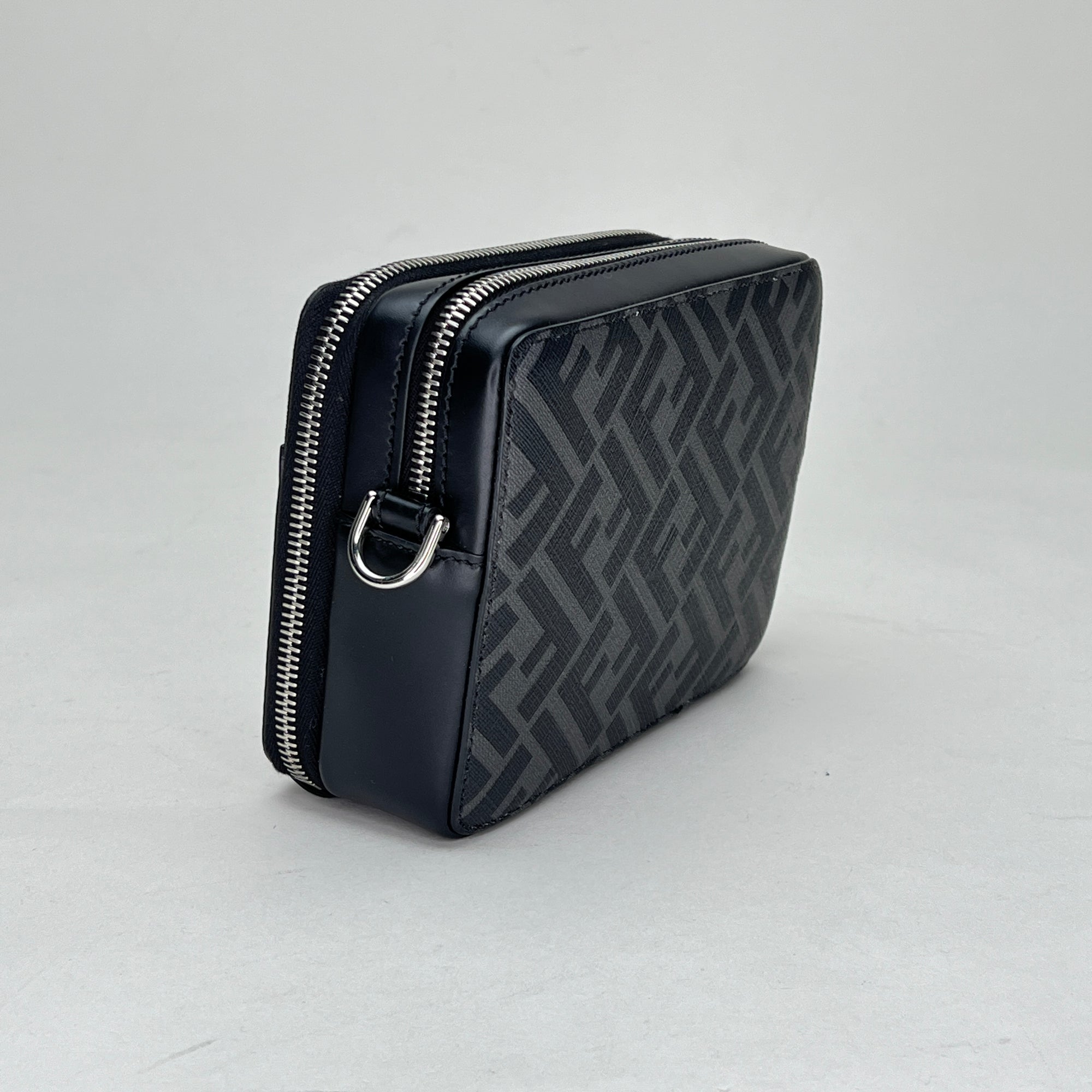 FF Camera Bag Mini Black Crossbody Bag in Coated Canvas, Silver hardware